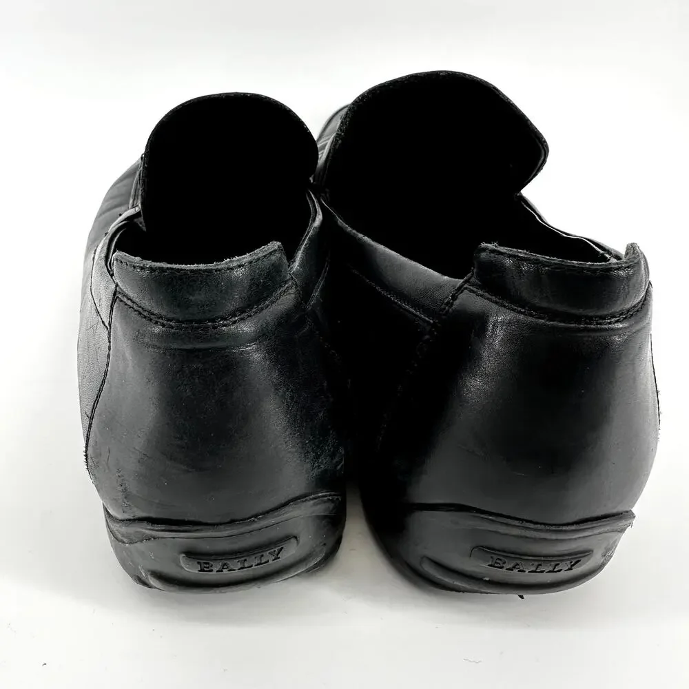 Bally Roquat Logo Plaque Loafers Slip On Almond Toe Classic Leather Black US 12